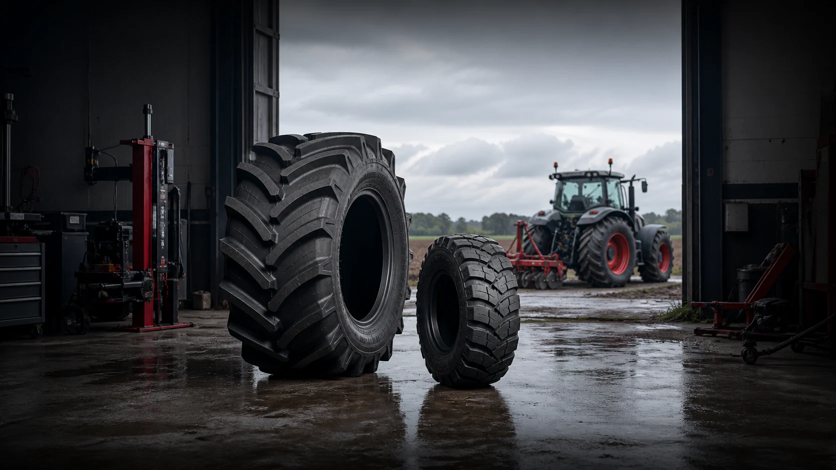 Tracteur et pneumatiques agricoles près d’un atelier